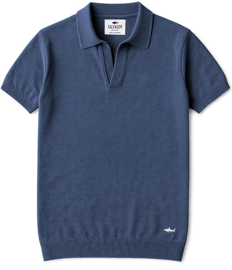 PETROLEUM BLUE KNITTED POLO SHIRT