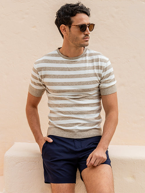 WHITE KNIT T-SHIRT WITH SAND STRIPES