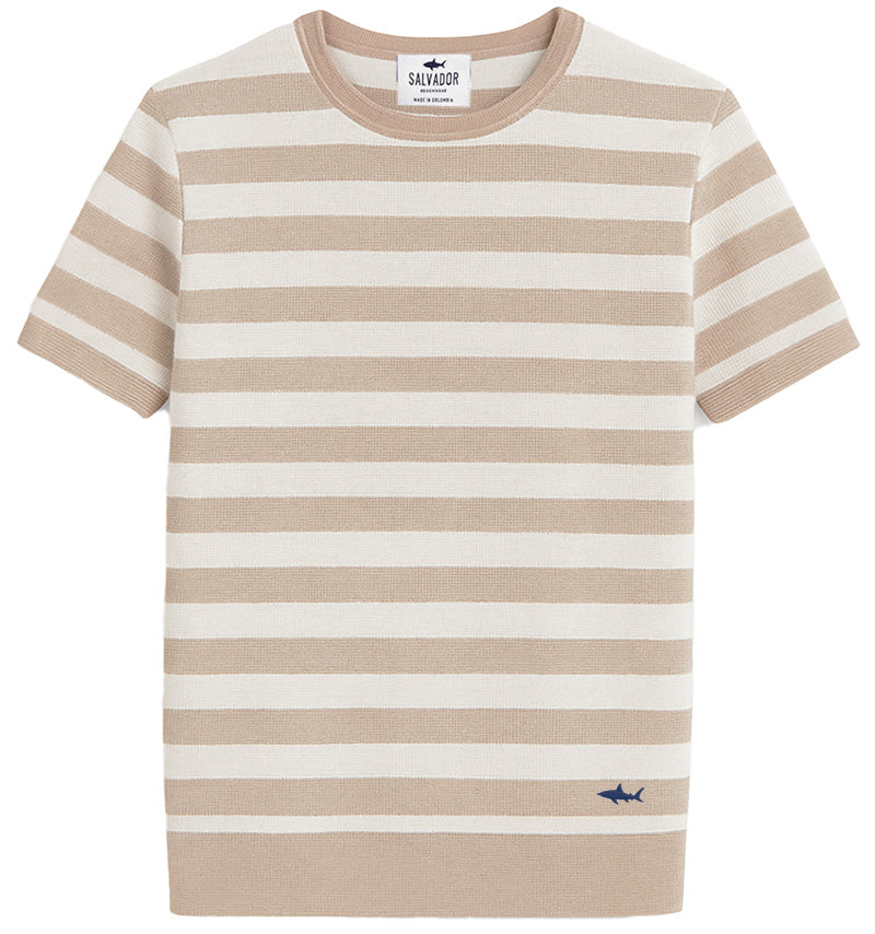 WHITE KNIT T-SHIRT WITH SAND STRIPES