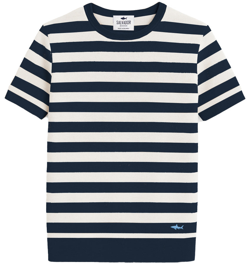 WHITE KNITTED T-SHIRT WITH BLUE STRIPES