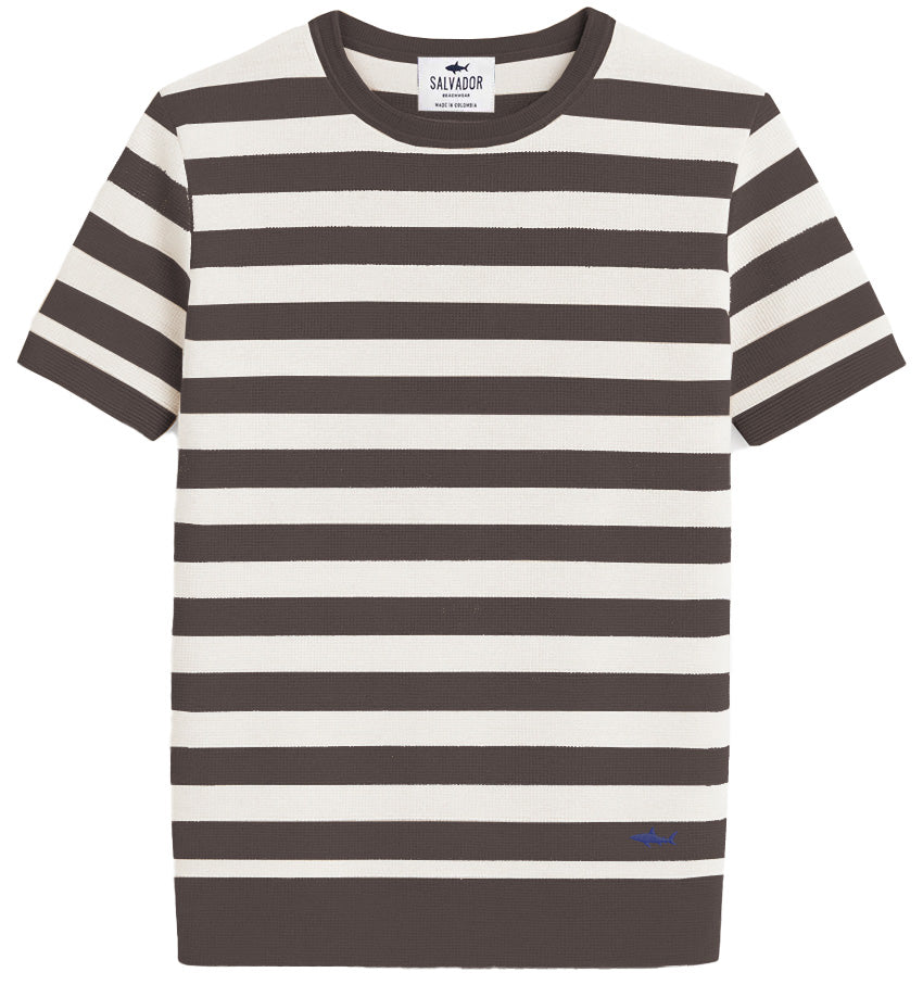 WHITE KNIT T-SHIRT WITH BROWN STRIPES
