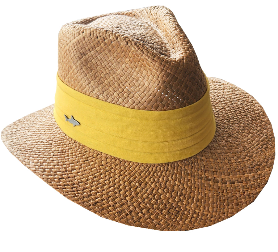 DARK HAT WITH WIDE YELLOW RIBBON 